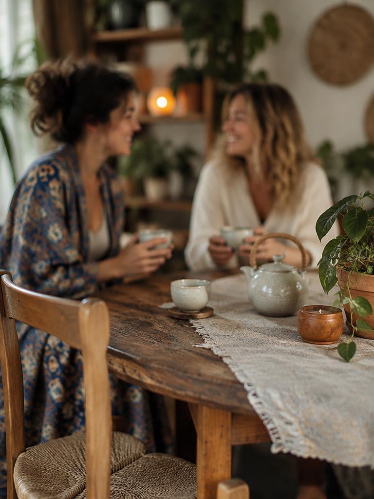 Two women sharing tea at a cozy wooden table