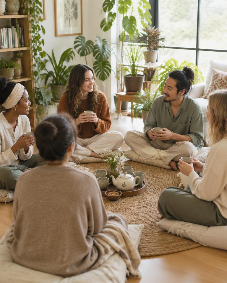 A small group sitting together in a plant-filled room