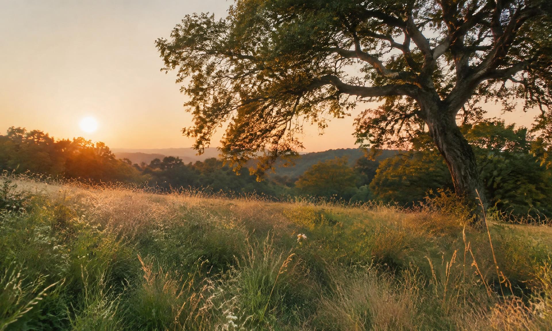 A wild meadow and old oak tree at golden hour