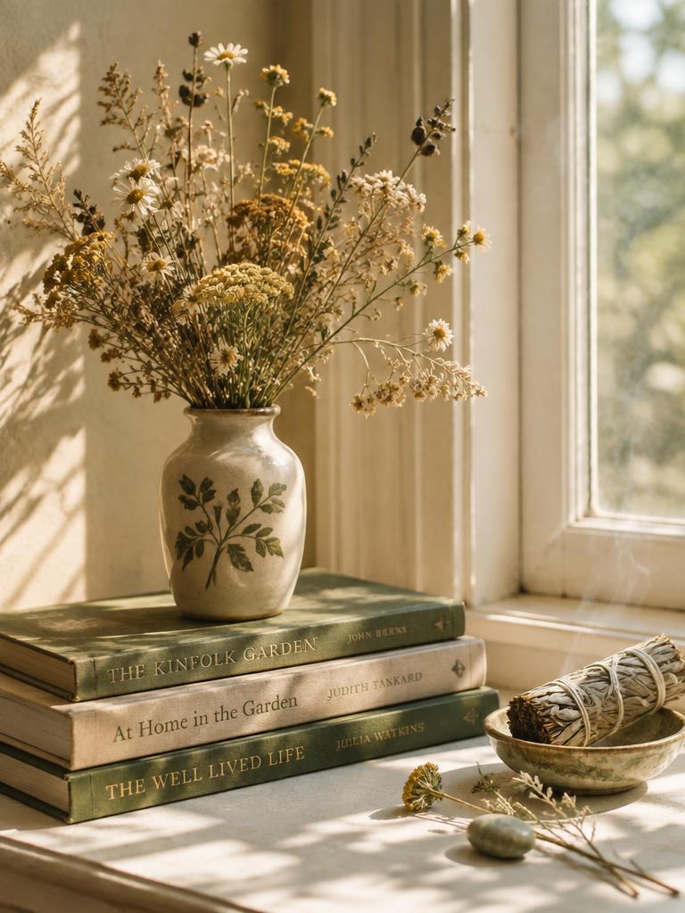 Dried wildflowers and books on a sunlit windowsill